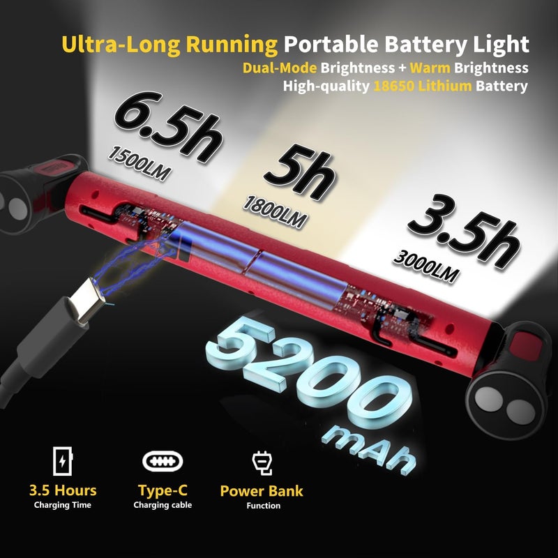MechaniLite شريط ضوء العمل تحت الغطاء، 3000LM شريط ضوء LED مغناطيسي مع خطافات، 5200mAh ضوء غطاء قابل لإعادة الشحن بدون سلك للميكانيكي/إصلاح السيارات/المرآب - أحمر - Image 3